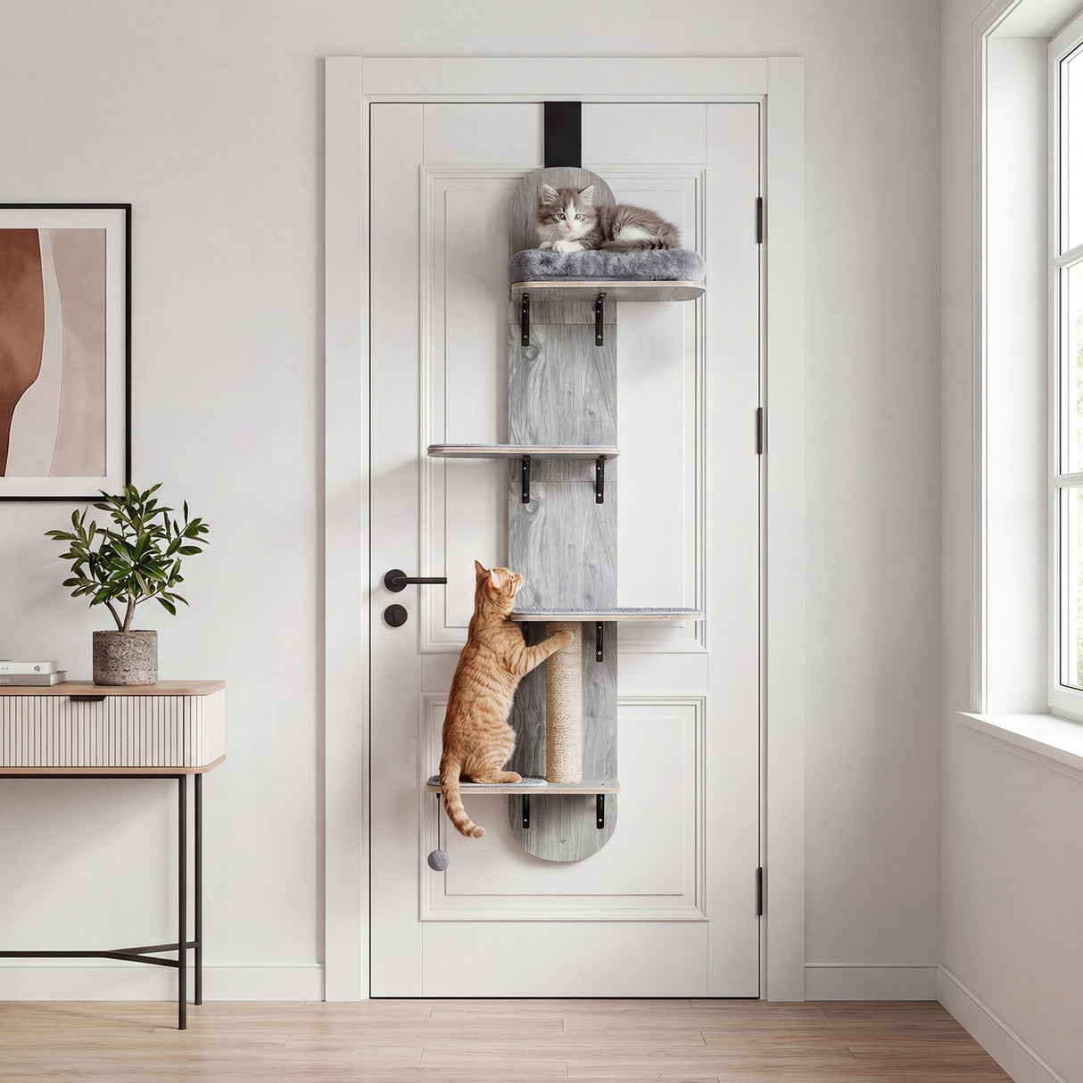 Trepadora para gatos para colgar en la puerta, de 4 niveles, altura ajustable con cama de felpa