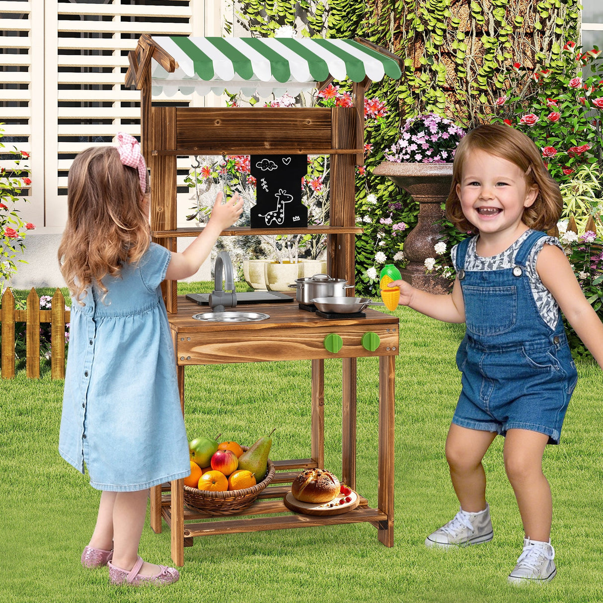 Cocina de barro de doble cara con toldo y pizarra para niños de 3+ años-Natural