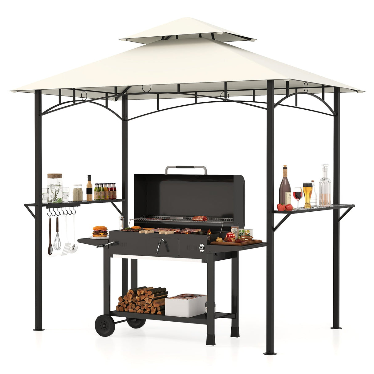 Outdoor Double-Tiered Grill Gazebo Canopy with 2 Shelves and 7 Hooks