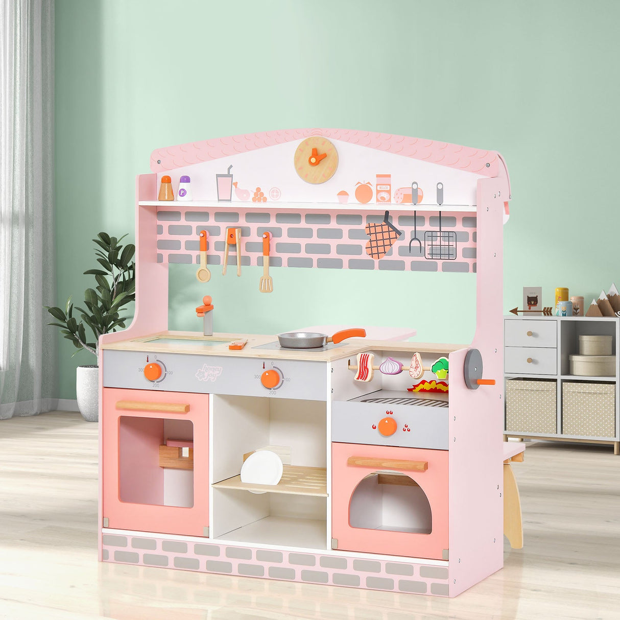 Juego de cocina de juguete de doble cara para niños con toldo y 2 asientos