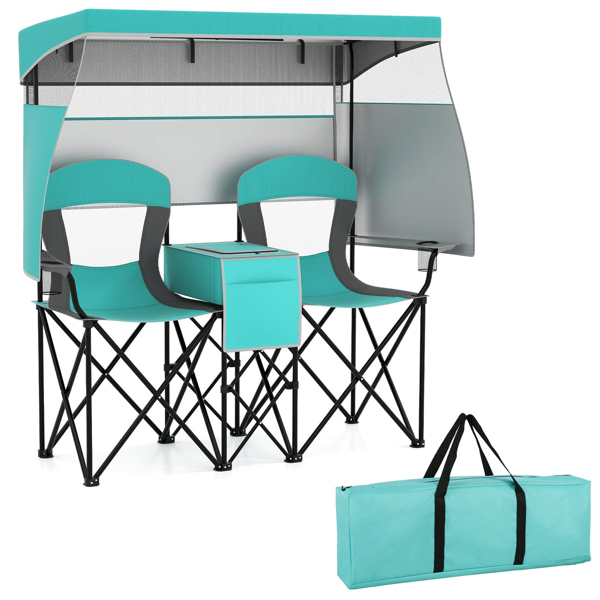 Tumbona doble con toldo ajustable y cortinas de sombreado en 3 lados
