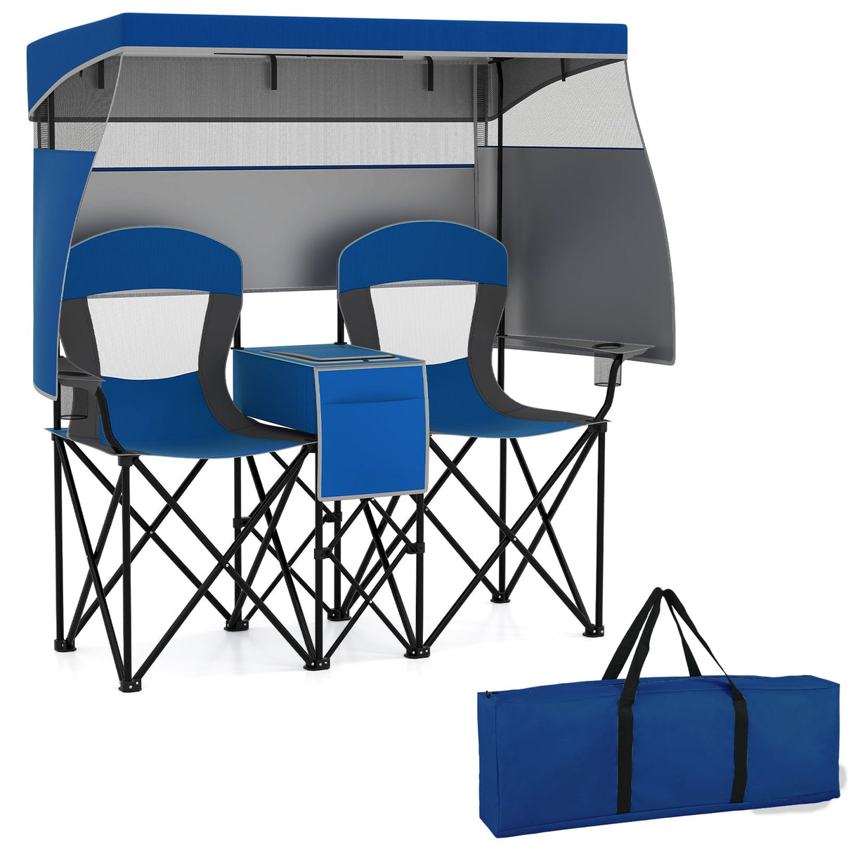 Tumbona doble con toldo ajustable y cortinas de sombreado en 3 lados