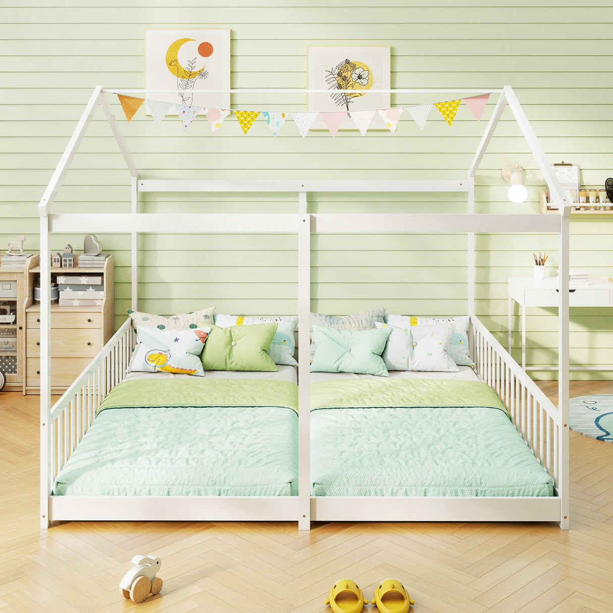 Camas litera dobles para gemelos, casas de cama con barandillas de seguridad para 2 niños - Blanco