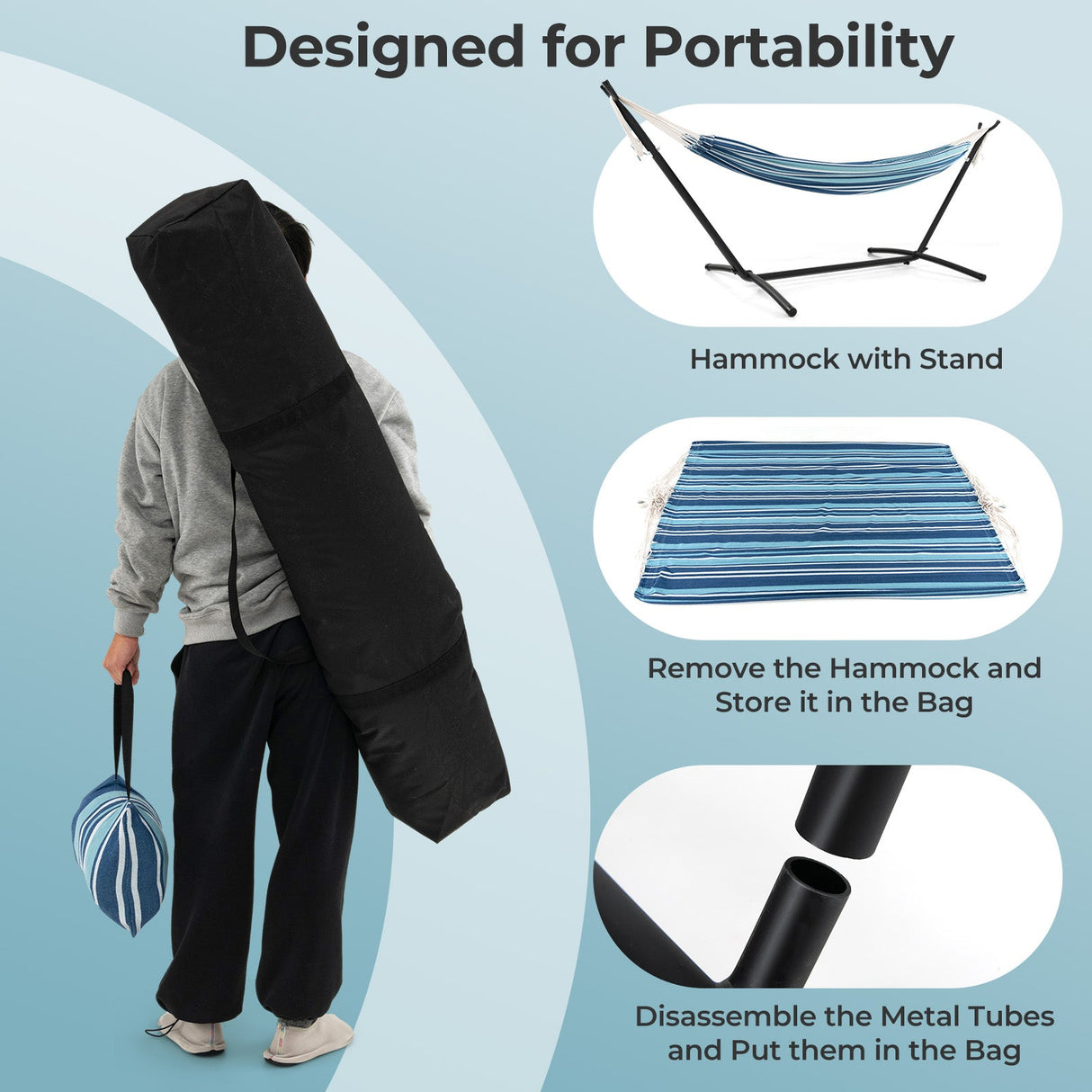 Juego de hamaca doble portátil para 2 personas con soporte y estuches de transporte - Azul