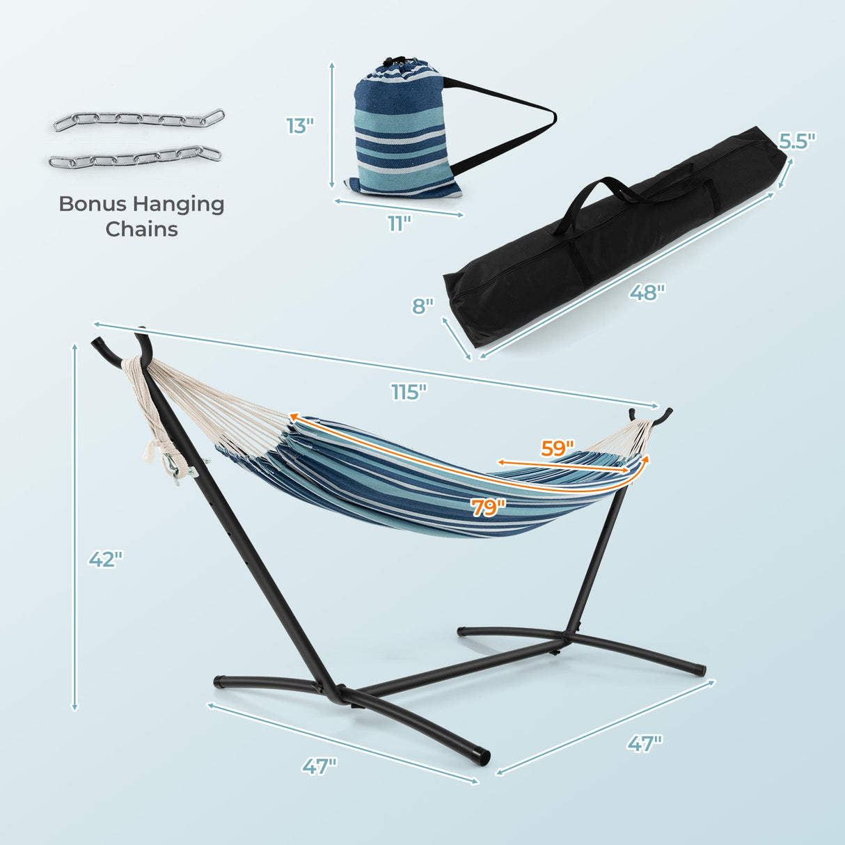 Juego de hamaca doble portátil para 2 personas con soporte y estuches de transporte - Azul