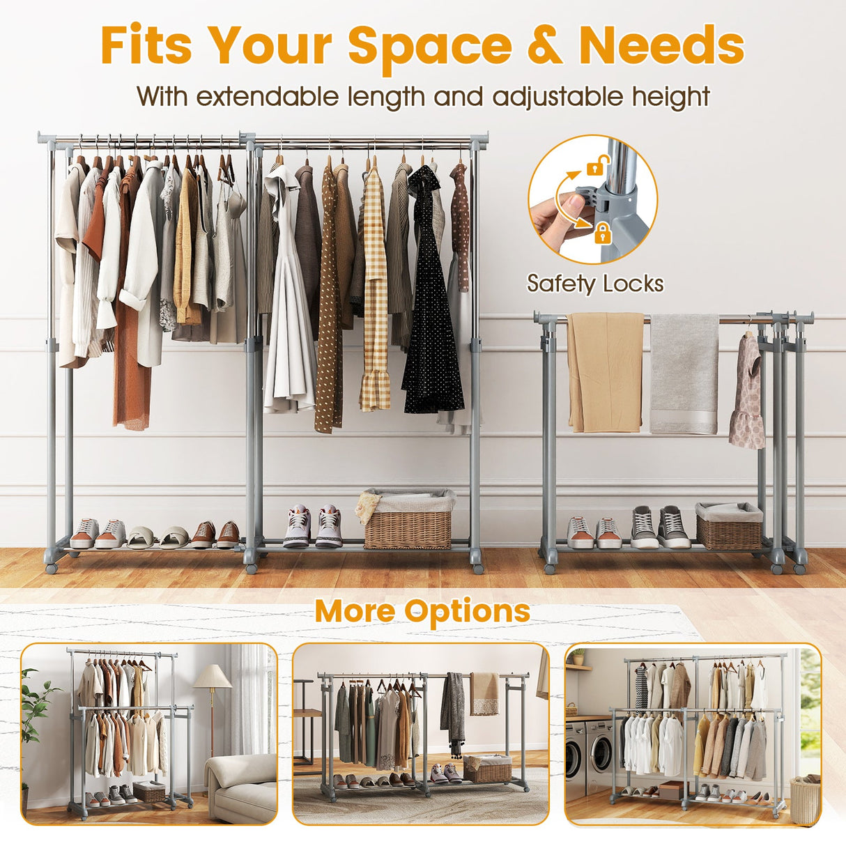 Double Rod Clothes Rack Heavy-Duty Metal Garment Rack