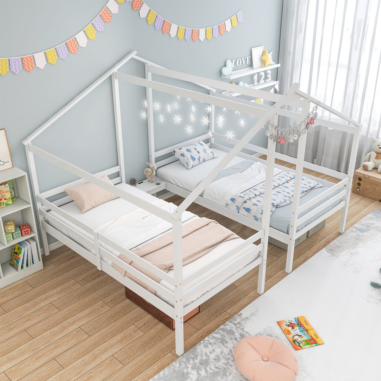 Marcos de cama dobles de madera individuales con mesa incorporada para niños - Blanco