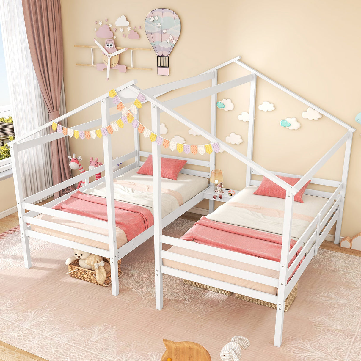 Marcos de cama dobles de madera individuales con mesa incorporada para niños - Blanco