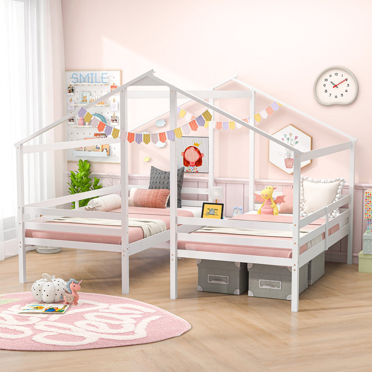 Marcos de cama dobles de madera individuales con mesa incorporada para niños - Blanco
