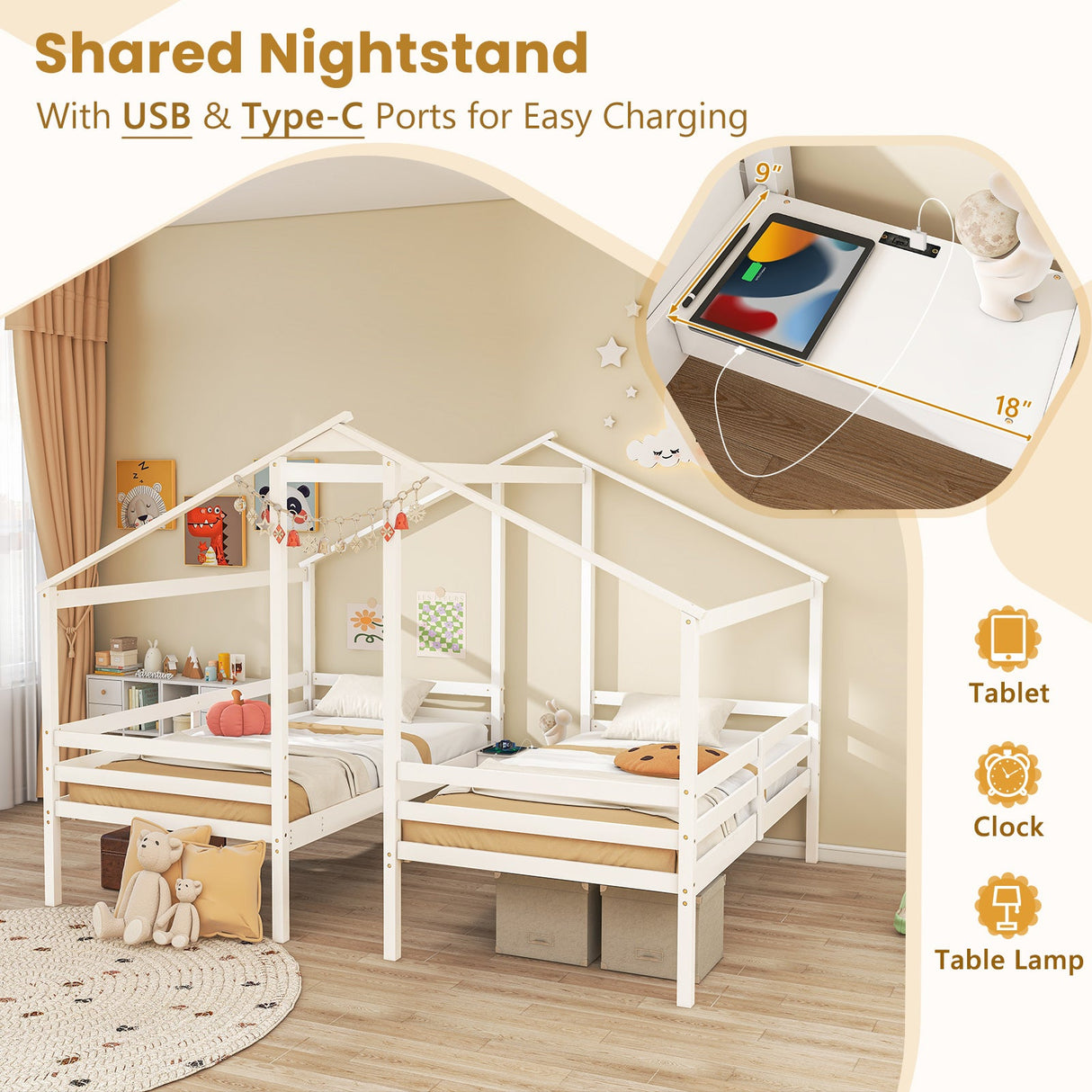 Marcos de cama dobles de madera individuales con mesa incorporada para niños - Blanco