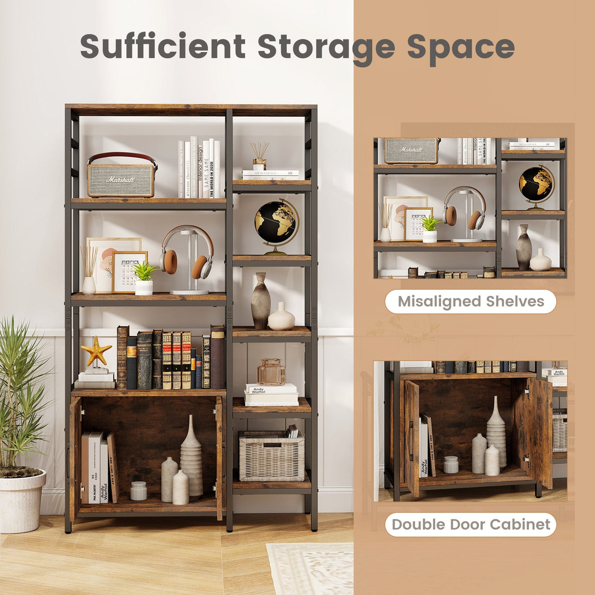 Double Wide 8-Tier Bookshelf with 2-Door Cabinet for Living Room Home Office-Rustic Brown