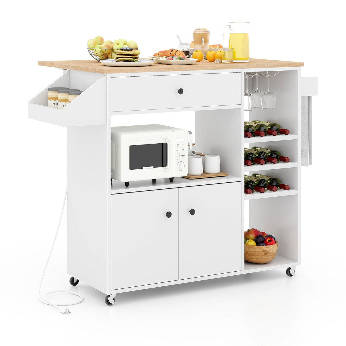 Carrito de isla de cocina móvil con mesa plegable, toma de corriente y estante ajustable - Marrón rústico