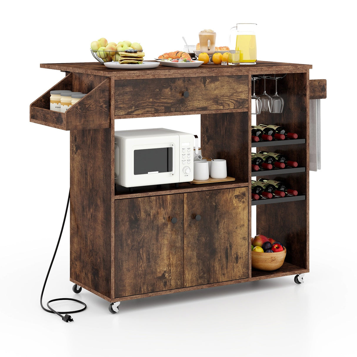 Carrito de isla de cocina móvil con mesa plegable, toma de corriente y estante ajustable - Marrón rústico