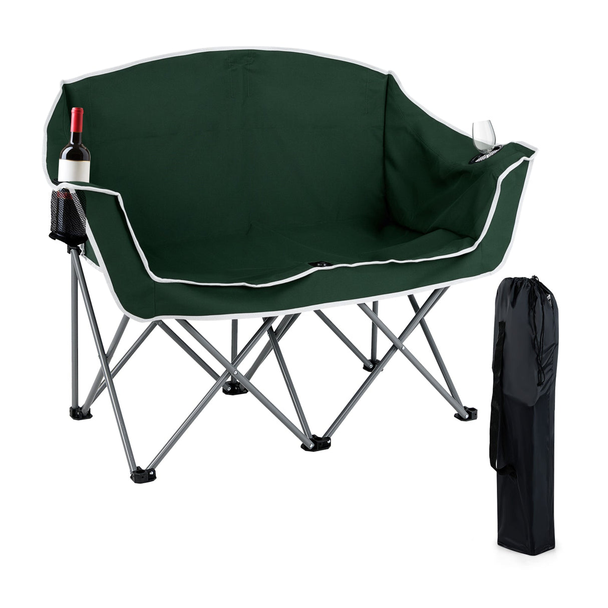 Sillón doble de camping portátil, sofá biplaza de gran tamaño con reposabrazos y portavasos, color verde