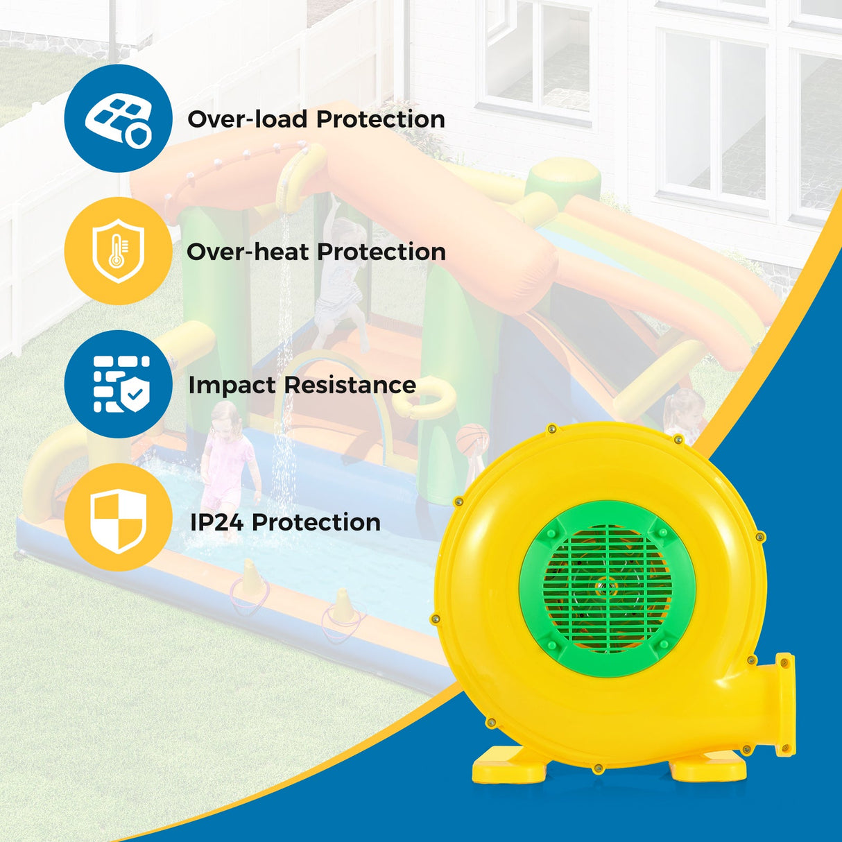 Ventilador para castillo hinchable de 480 W con asa y estacas de tierra