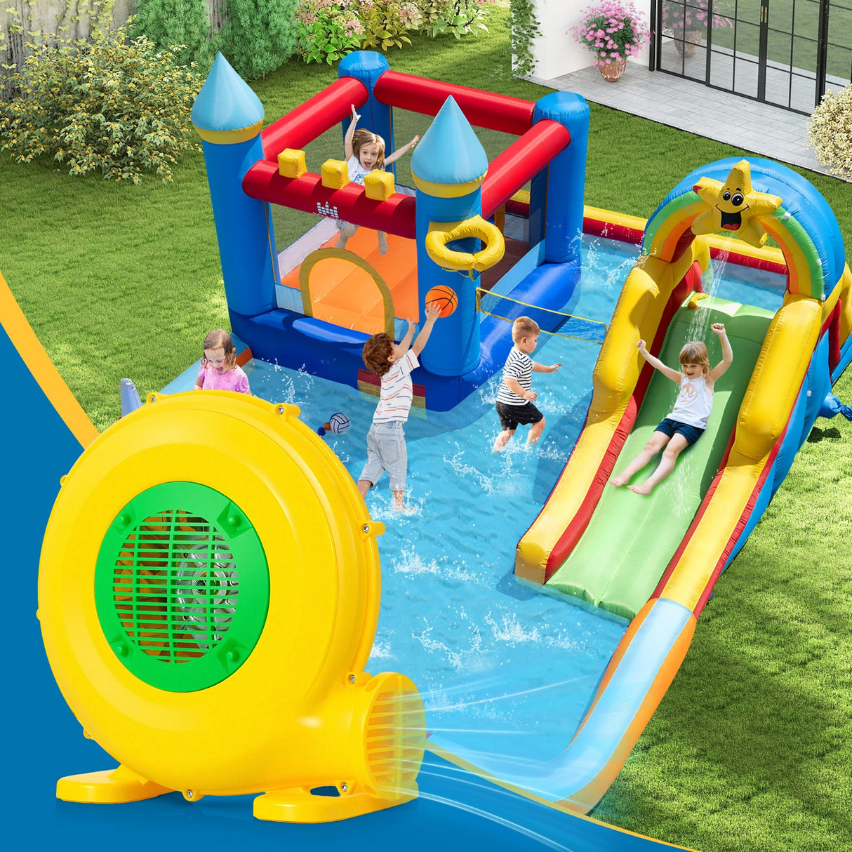 Ventilador para castillo hinchable de 480 W con asa y estacas de tierra