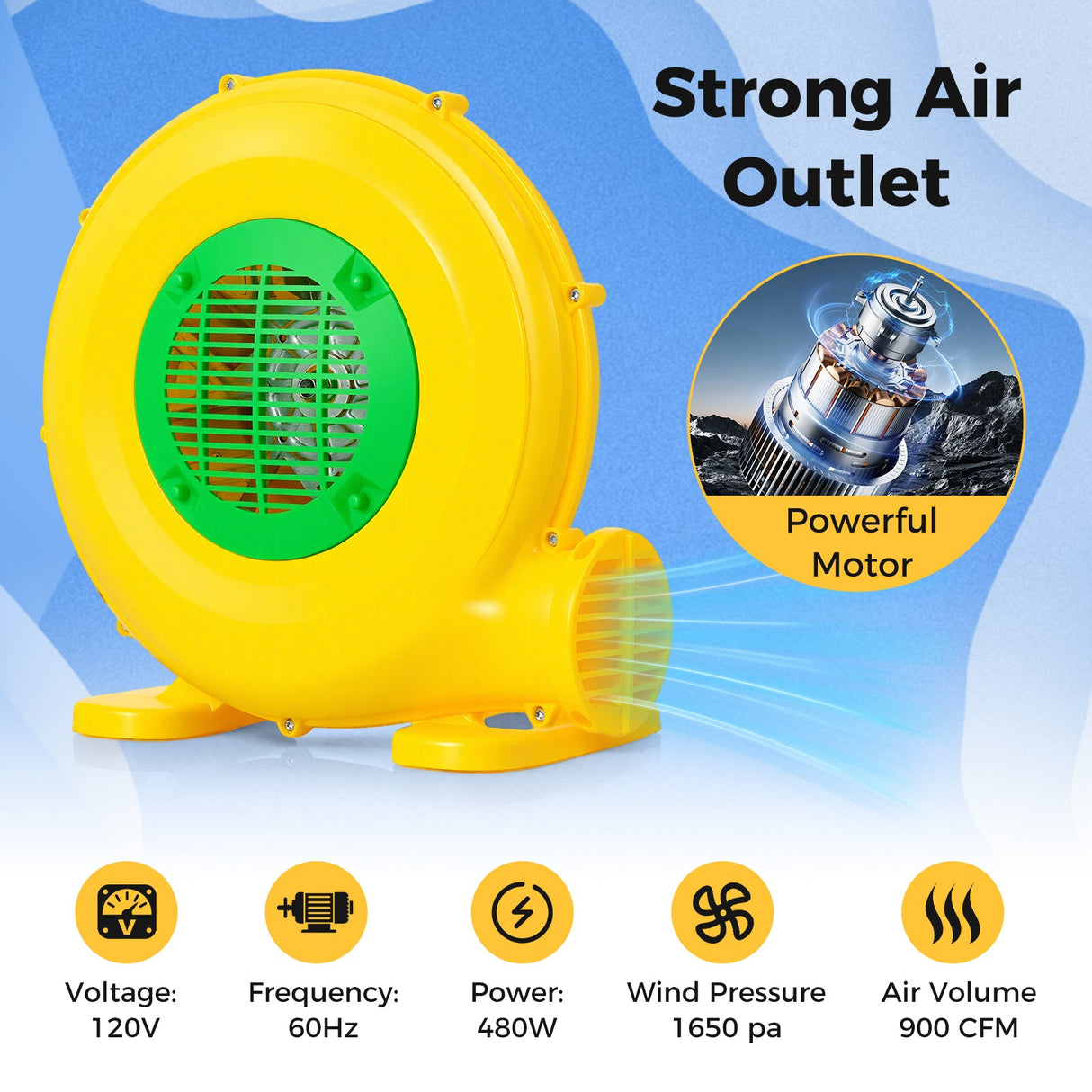 Ventilador para castillo hinchable de 480 W con asa y estacas de tierra