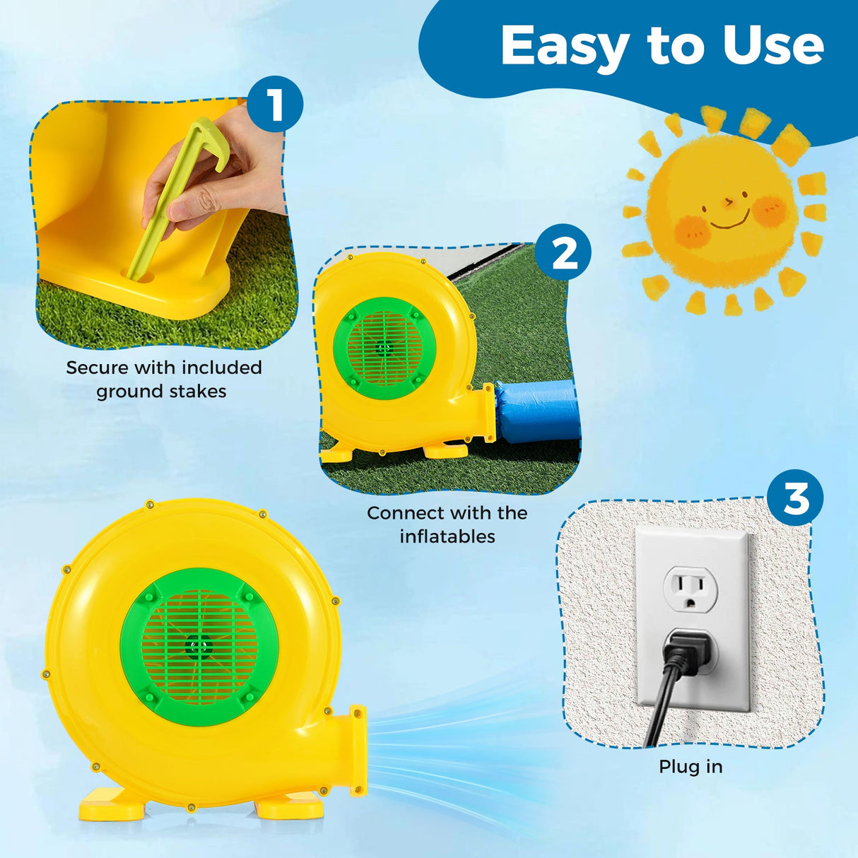 Soplador de castillo hinchable de 610 W con asa y estacas para el suelo