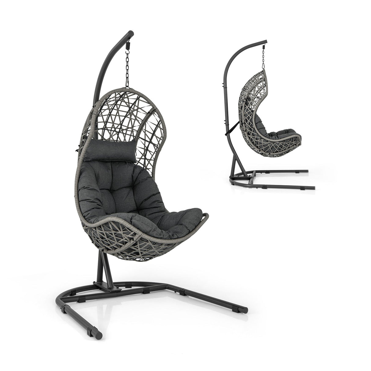 Sillón Colgante de Mimbre de PE con Soporte y Cojín - Gris