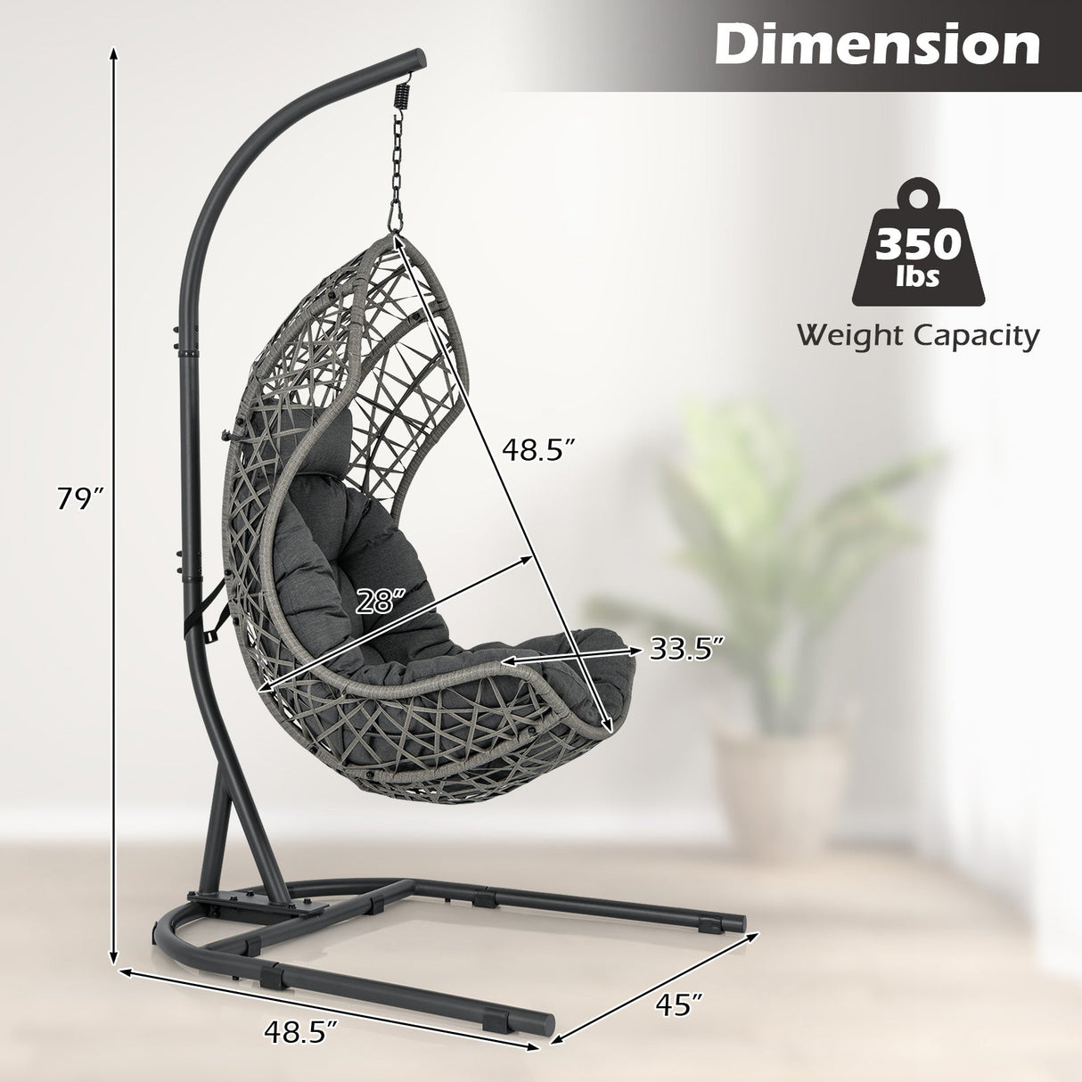 Sillón Colgante de Mimbre de PE con Soporte y Cojín - Gris
