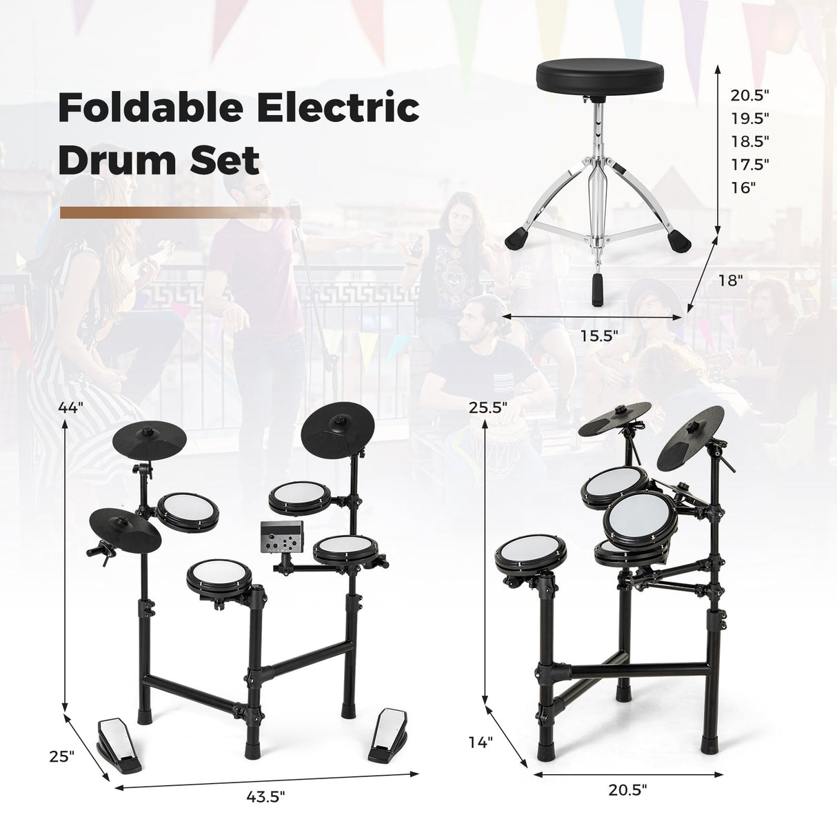 Batería electrónica plegable con 10 demos, USB MIDI y 2 baquetas