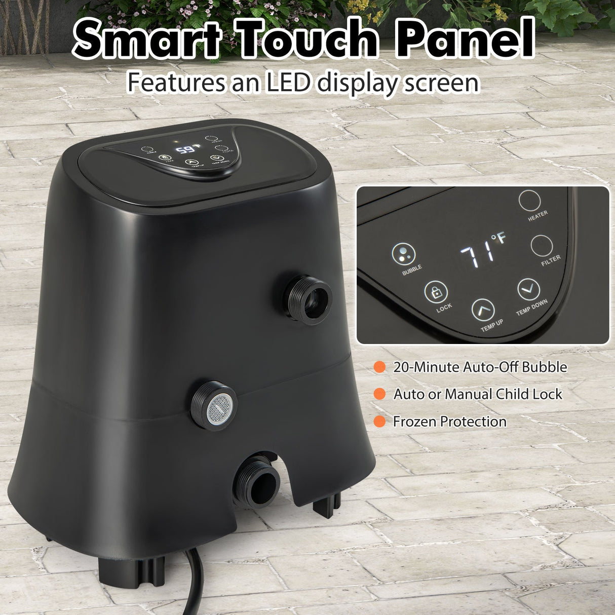 Bomba de calor eléctrica de 1350W con panel táctil y pantalla LED - Negro