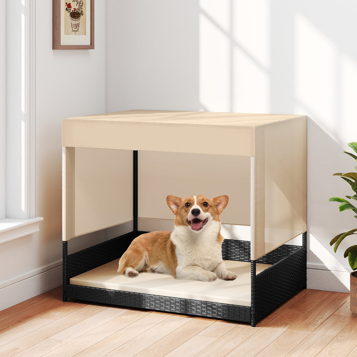 Casa para perros de mimbre elevada para razas pequeñas a medianas - Negra