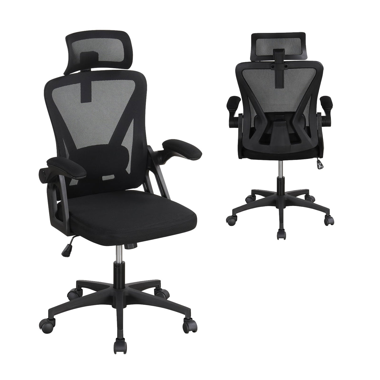 Silla de oficina ergonómica de malla con soporte lumbar ajustable y reposabrazos abatibles - Negro