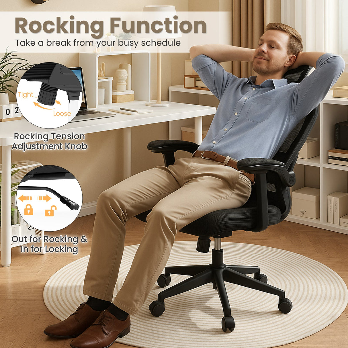 Silla de oficina ergonómica de malla con soporte lumbar ajustable y reposabrazos abatibles - Negro