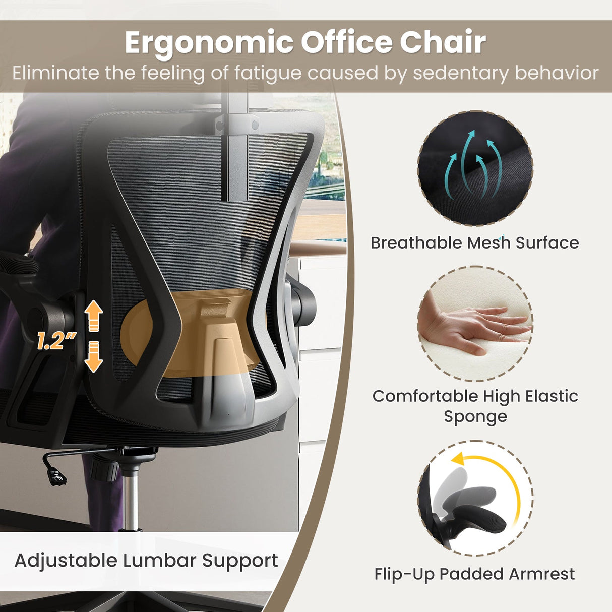 Silla de oficina ergonómica de malla con soporte lumbar ajustable y reposabrazos abatibles - Negro