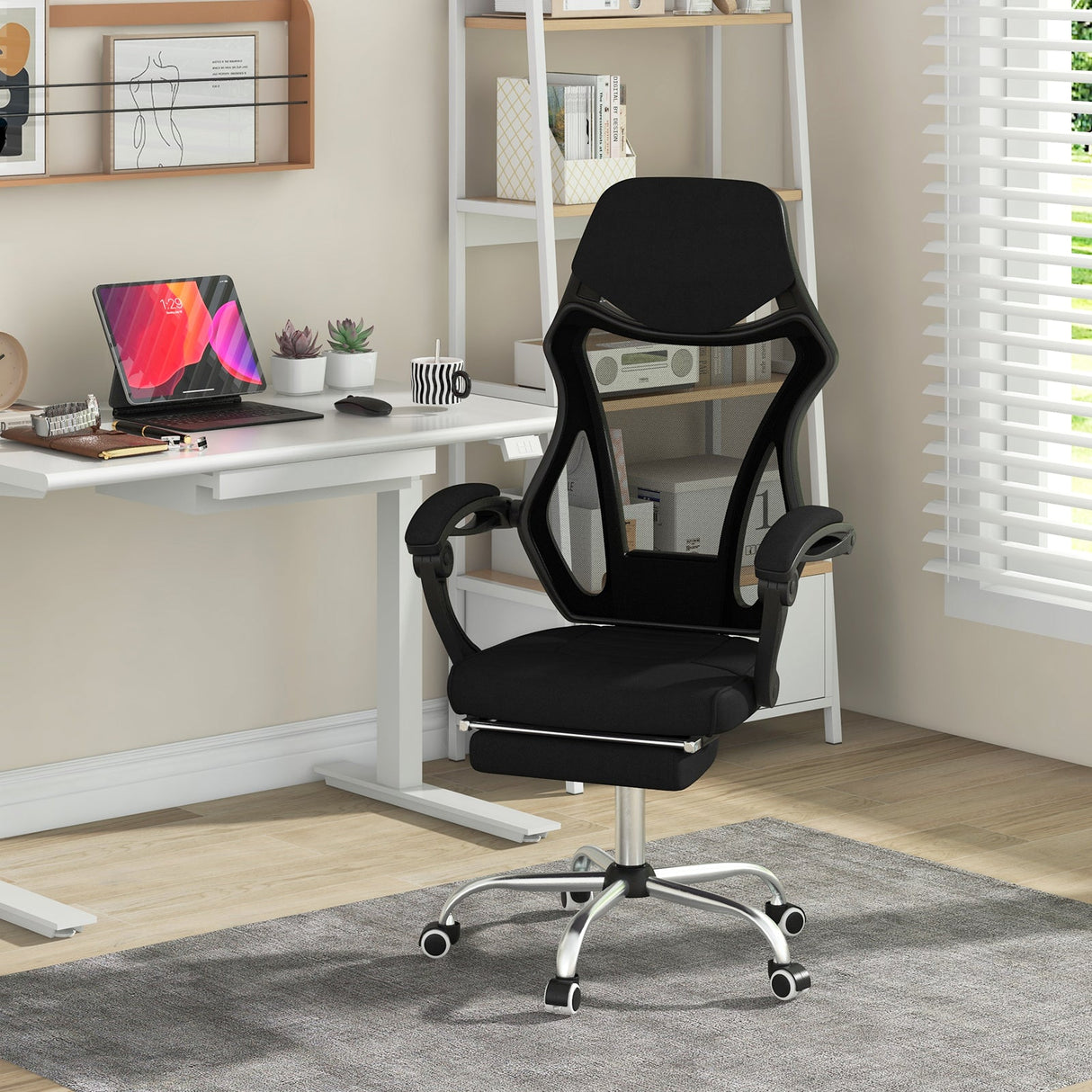 Silla de oficina ergonómica de malla con reposapiés y respaldo reclinable - Negro