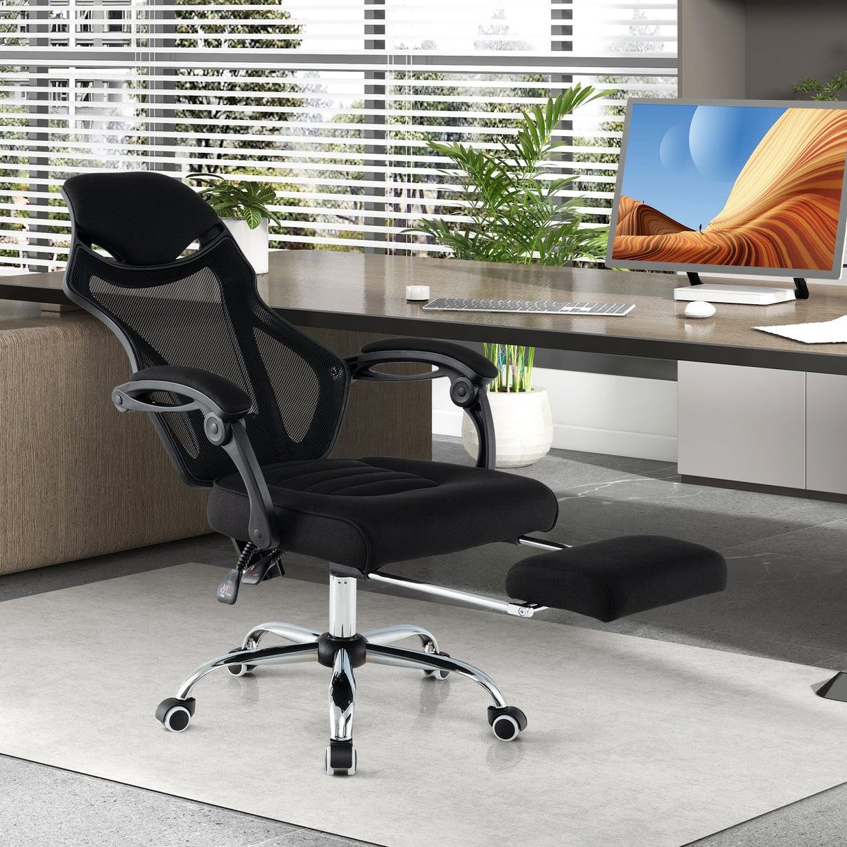 Silla de oficina ergonómica de malla con reposapiés y respaldo reclinable - Negro