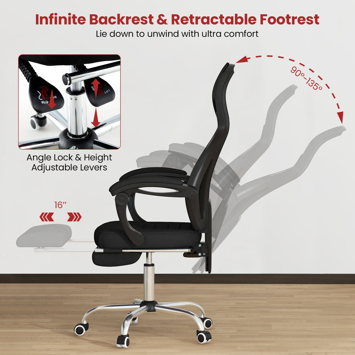 Silla de oficina ergonómica de malla con reposapiés y respaldo reclinable - Negro