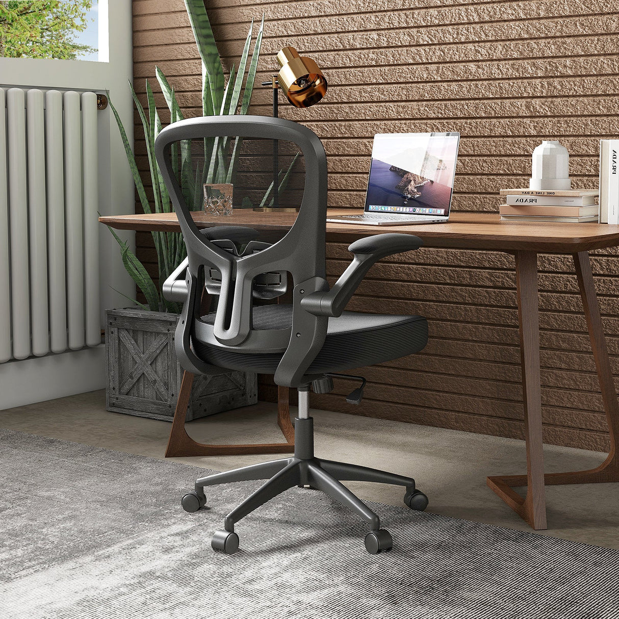 Silla de oficina ergonómica de malla giratoria con reposabrazos abatibles - Negro