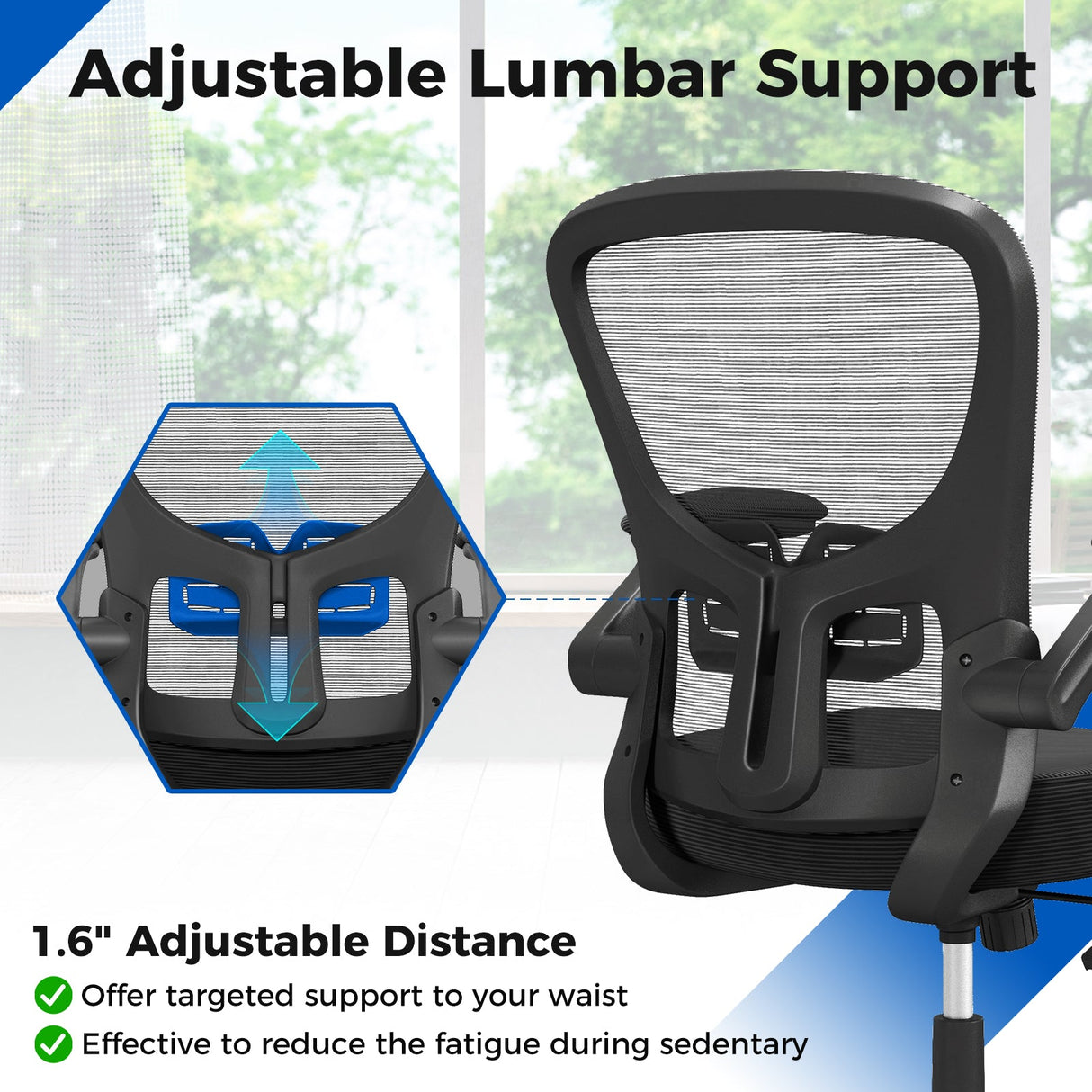 Silla de oficina ergonómica de malla giratoria con reposabrazos abatibles - Negro