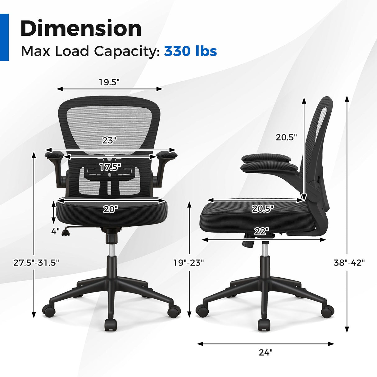 Silla de oficina ergonómica de malla giratoria con reposabrazos abatibles - Negro