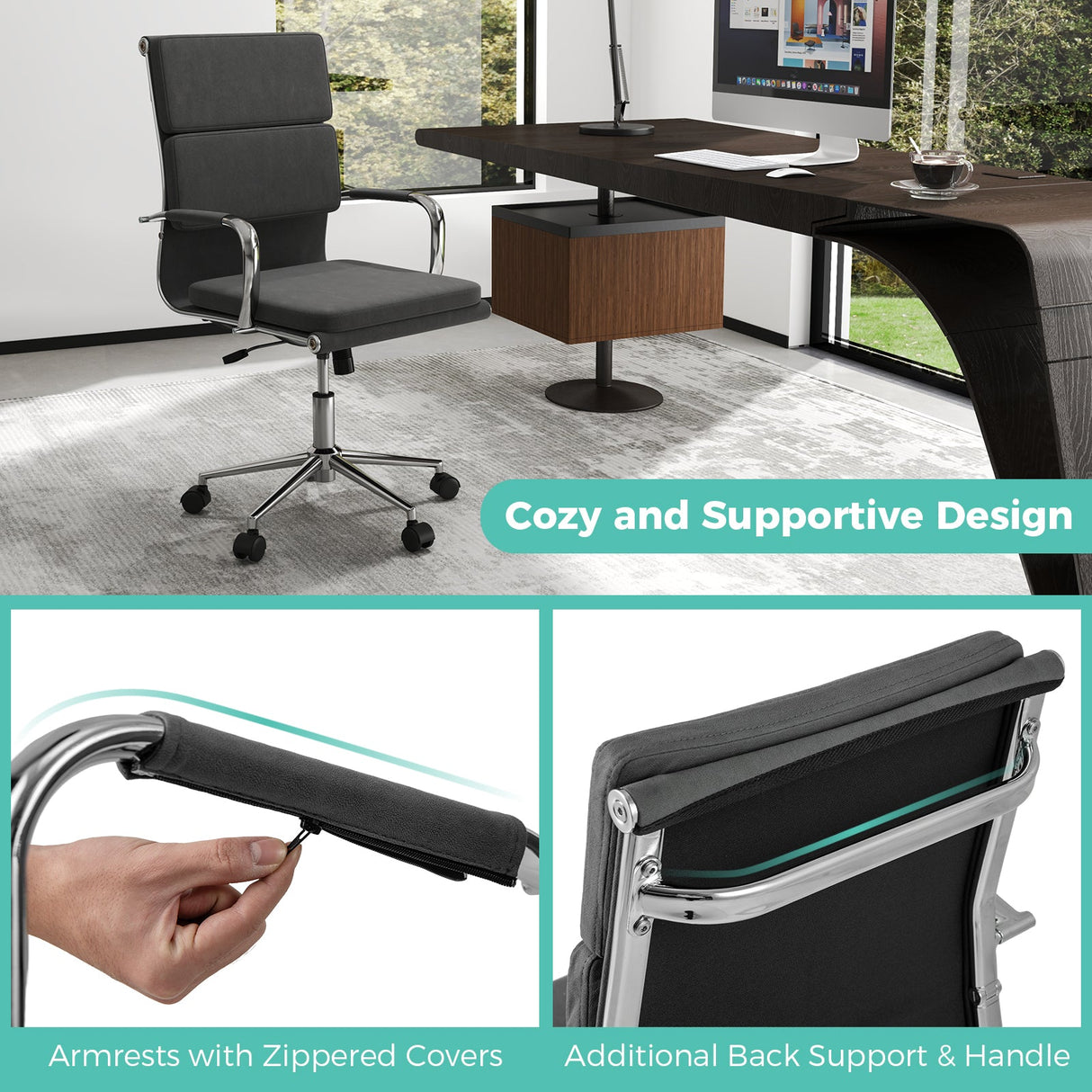 Silla de escritorio ergonómica con respaldo reclinable y asiento acolchado de altura ajustable - Gris