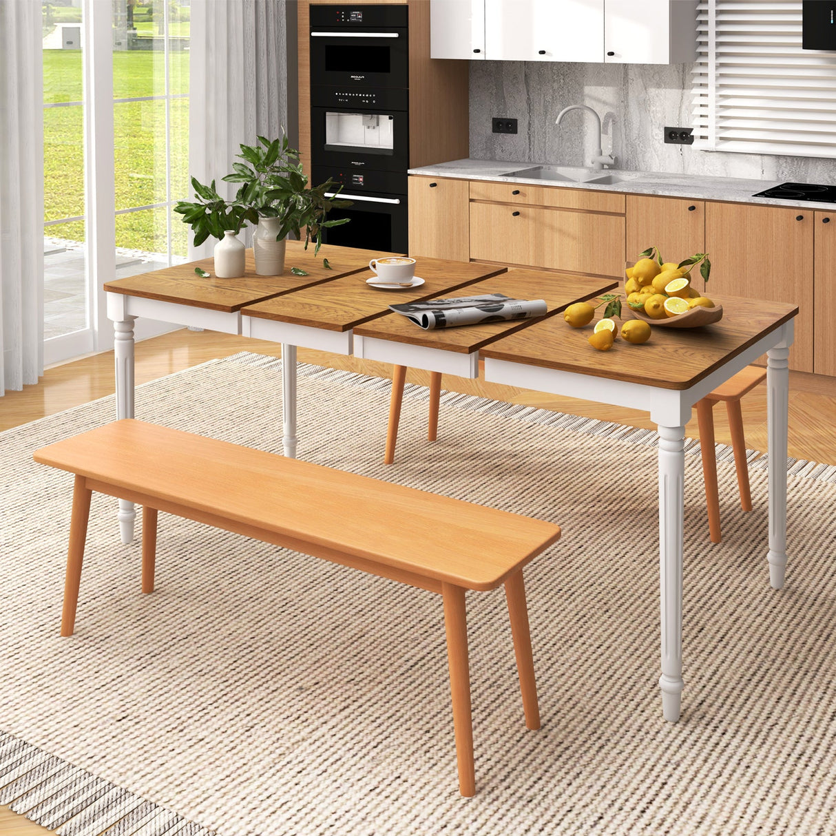Mesa de comedor extensible con patas de madera de caucho para 4-8 personas - Blanco