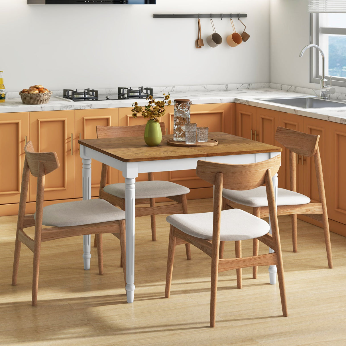 Mesa de comedor extensible con patas de madera de caucho para 4-8 personas - Blanco