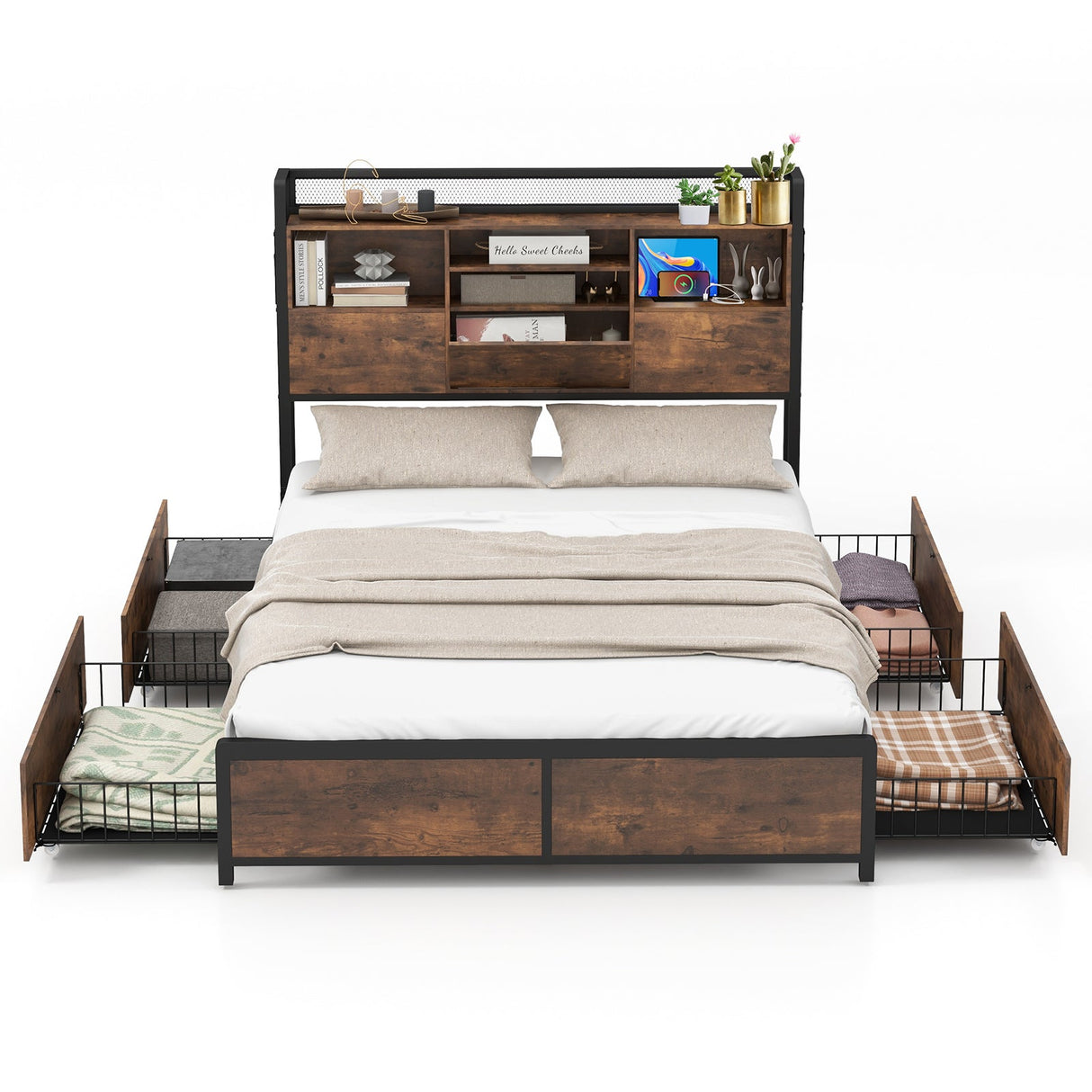 Base de cama de matrimonio/queen con cabecero librero y 4 cajones de almacenamiento