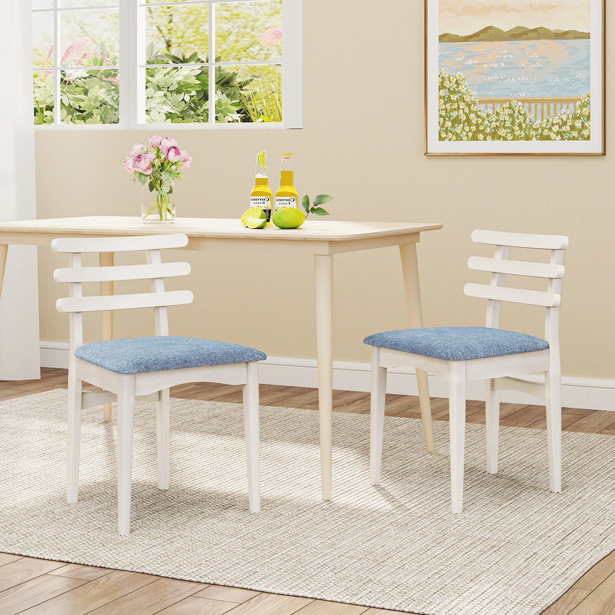 Sillas Auxiliares de Cocina de Tela con Estructura de Madera de Caucho y Asiento Acolchado-Blanco