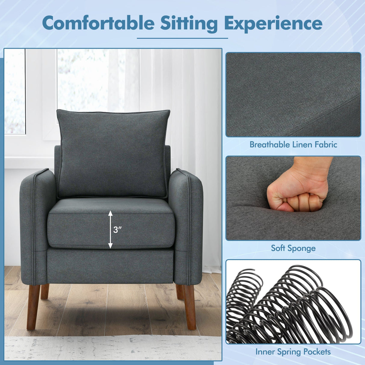 Sofá Individual Tapizado en Tela con Cojines de Respaldo y Asiento Removibles-Gris
