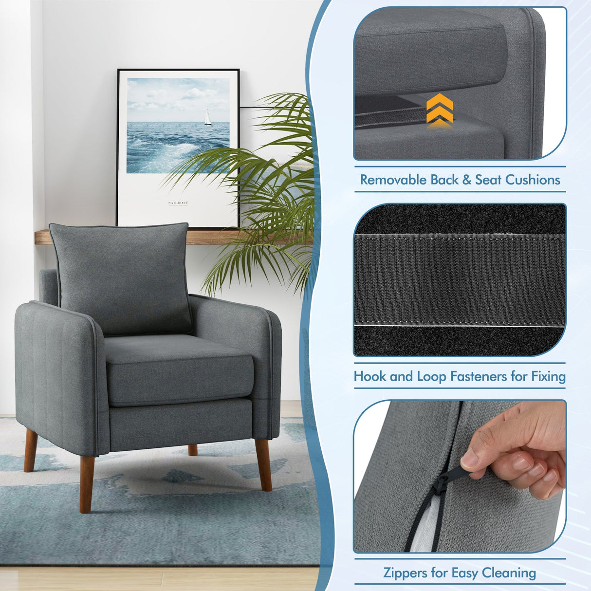 Sofá Individual Tapizado en Tela con Cojines de Respaldo y Asiento Removibles-Gris
