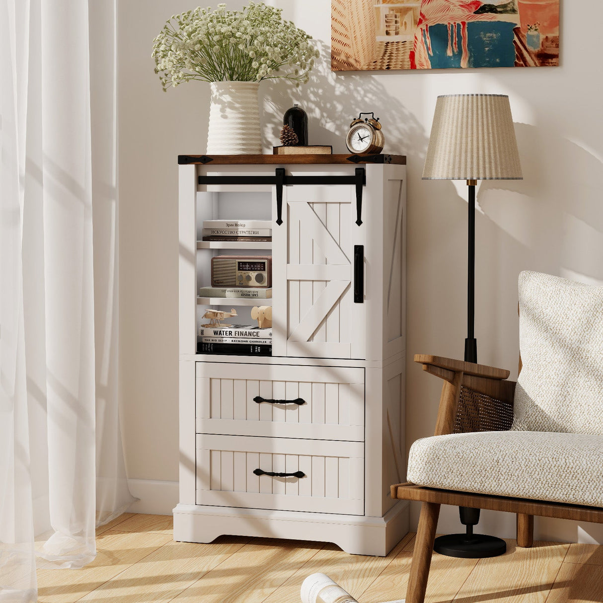 Gabinete de piso para baño estilo rústico, organizador de almacenamiento de madera independiente - Blanco