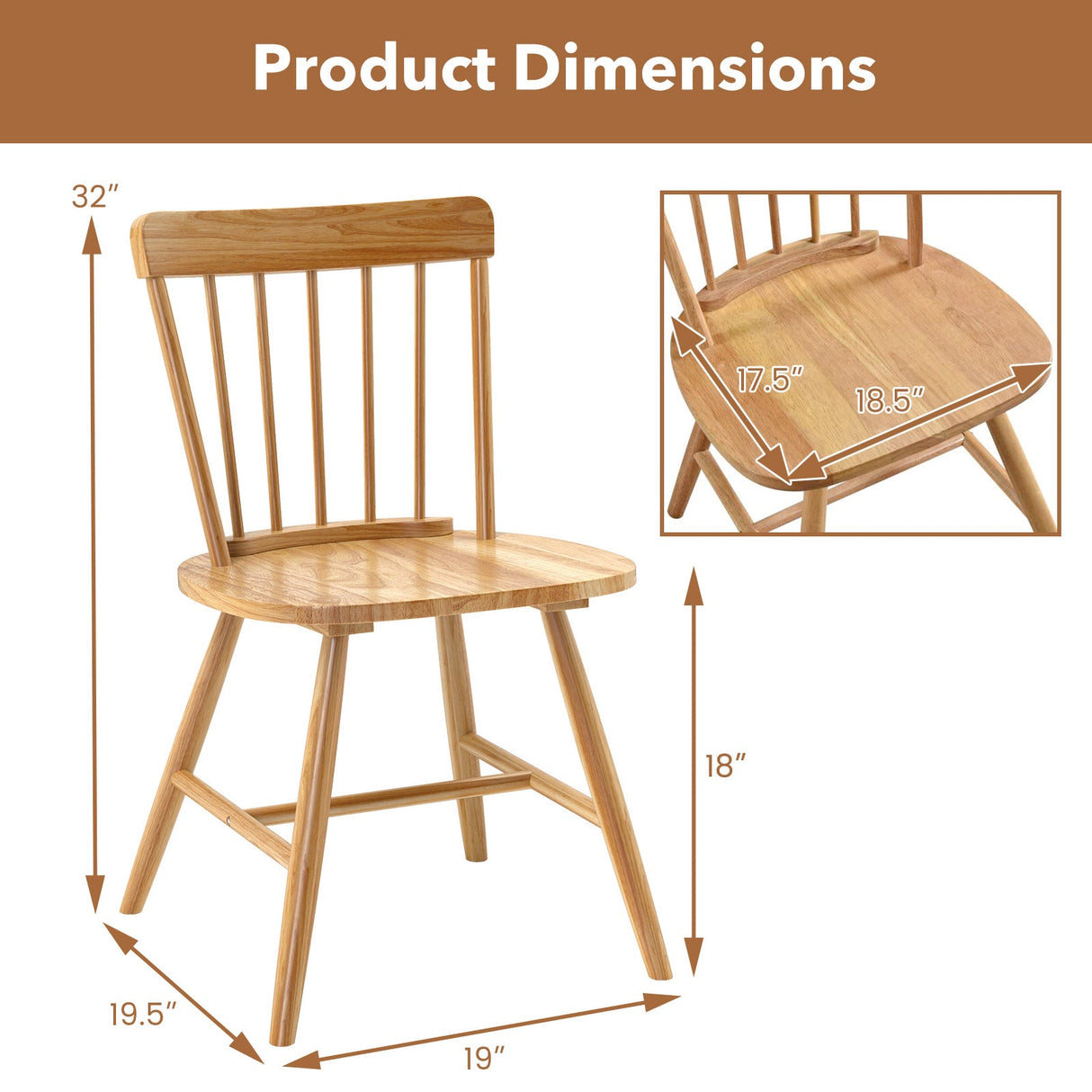 Juego de 2 sillas de cocina de granja con estructura de madera de caucho