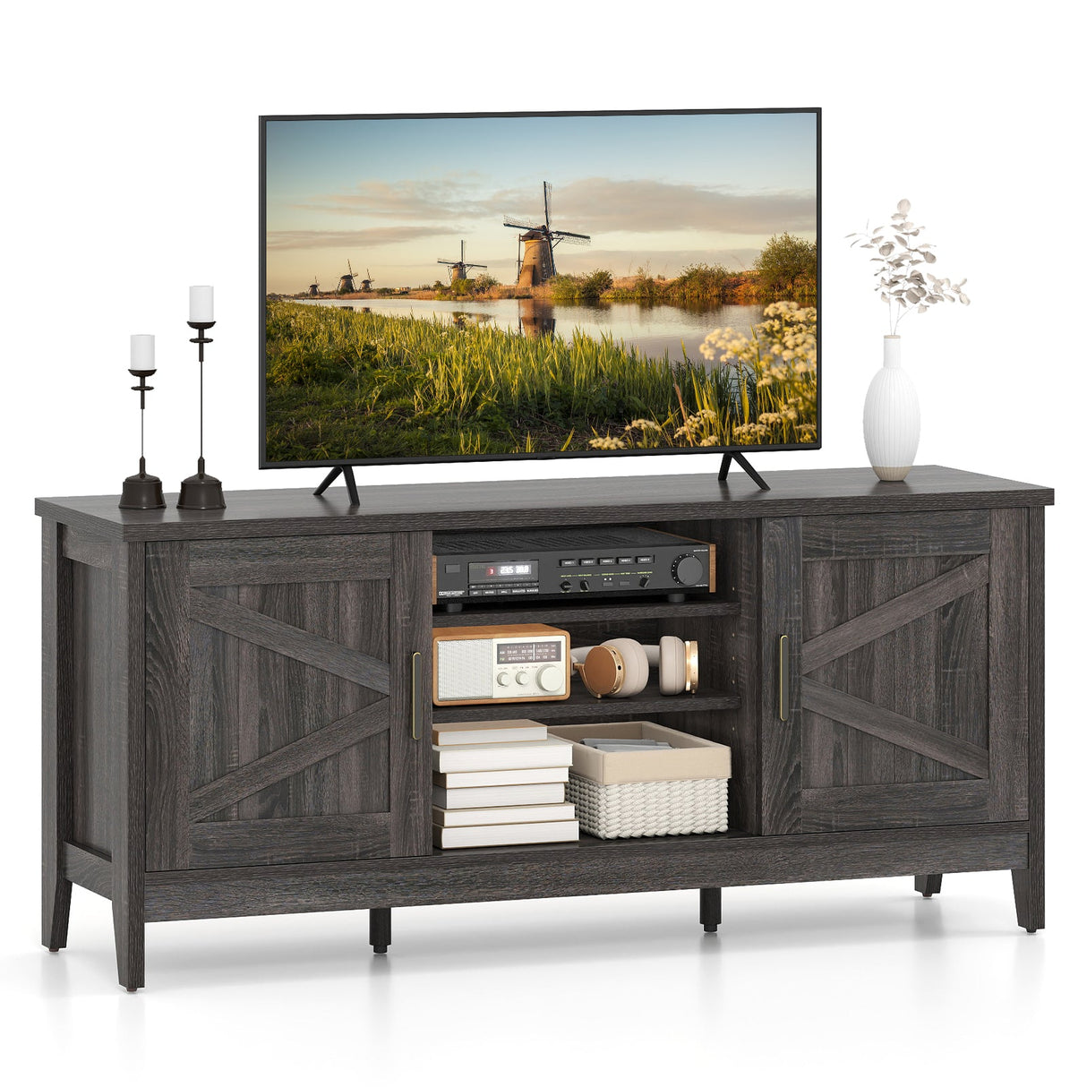 Mueble para TV de estilo rústico para televisores de hasta 65 pulgadas, centro de entretenimiento con 2 armarios de almacenamiento - Gris