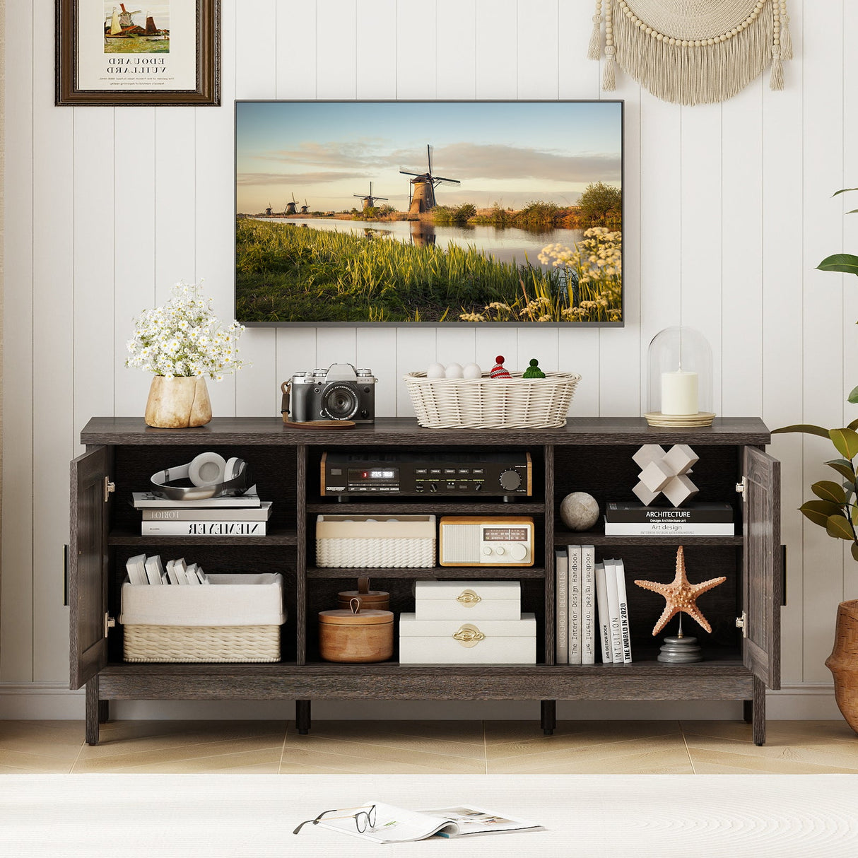 Mueble para TV de estilo rústico para televisores de hasta 65 pulgadas, centro de entretenimiento con 2 armarios de almacenamiento - Gris