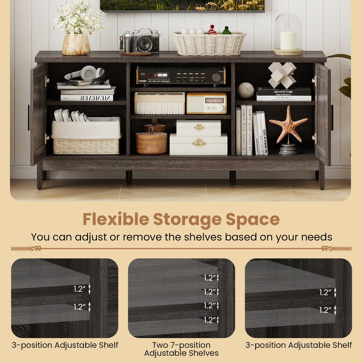 Mueble para TV de estilo rústico para televisores de hasta 65 pulgadas, centro de entretenimiento con 2 armarios de almacenamiento - Gris