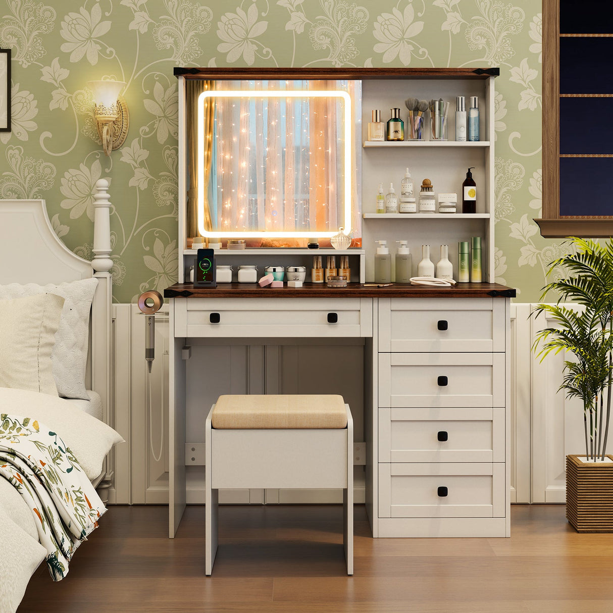 Farmhouse Vanity Set with Mirror and 3-Color Lighting-White