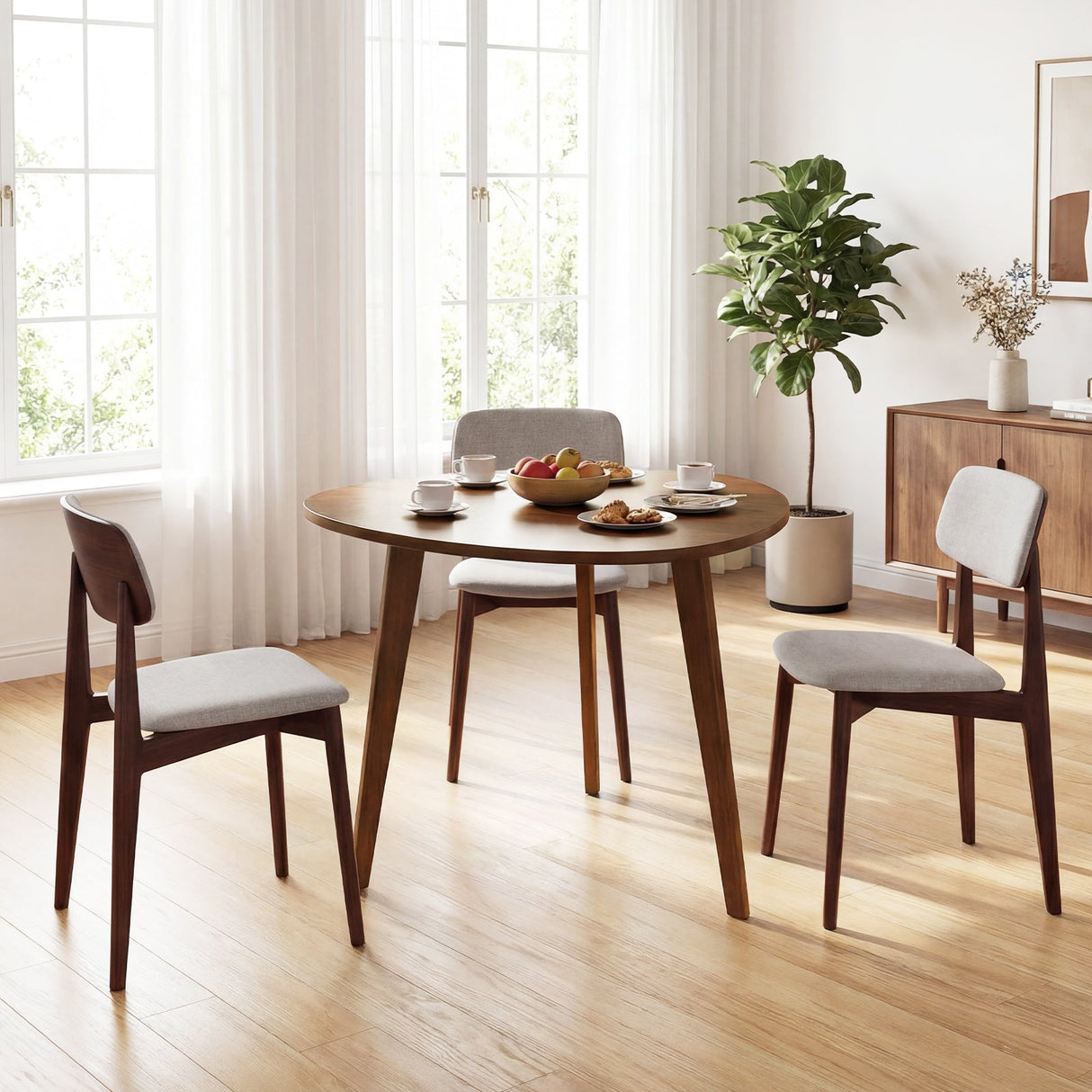 Mesa de comedor redonda de madera estilo rústico para 4-Nogal